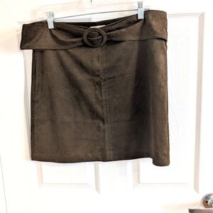 MOLLY BRACKEN Faux Suede Belted Skirt Dark Olive Green Size L.